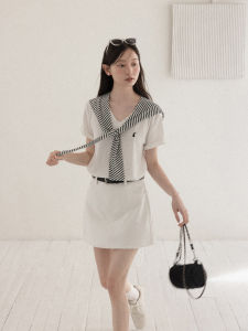 Cantonstory | V-neck Striped Bolero Sleeve High Waist A-line Skirt