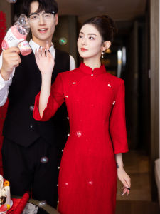 Wedding Cheongsam Engagement Red Fleece Long Sleeve Evening Gown Bridal Suit Korean Style Polyester Fiber mid Waist Dress