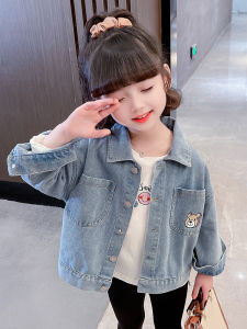 Girls Spring Autumn Denim Jacket Childrens Fashion Long Sleeve Open Cardigan Baby Stylish Casual Top Kids Cartoon Print Coat