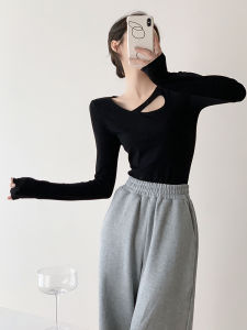 Black Cut-out Knitwear Womens Spring New Arrival Long Sleeves Stylish Niche Style Silm Slim Looking Inner Bottoming Shirt Tops