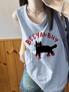 Pure Cotton Sleeveless Tank Top Womens Summer Loose Basketball Outfit Hanging Neck Top Hong Kong Style Casual Loose Fit