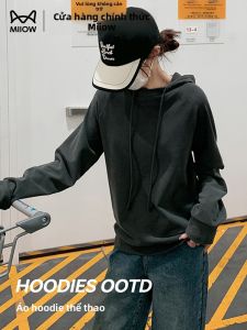 Áo nỉ nữ MiiOW vải lông cừu trùm đầu rộng rãi dáng cardigan