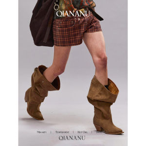 รองเท้าบู๊ทหัวแหลมสไตล์วิสโคสสีน้ำตาลสไตล์อเมริกันสำหรับผู้หญิง รองเท้าบู๊ทหุ้มข้อสูงแบบลำลองสำหรับฤดูใบไม้ผลิและฤดูใบไม้ร่วง