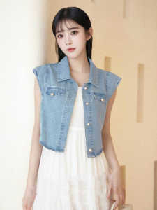 Light Blue Denim Vest Womens Summer Fashion Loose Sleeveless Jacket Top Button down Cotton Short Length Pure Color