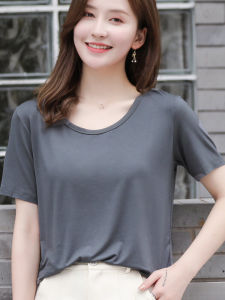 Womens Short-Sleeved T-shirt for Plump Girls 100.00kg Ice Silk Modal Summer plus Size Cool U-Neck Loose Black Tops