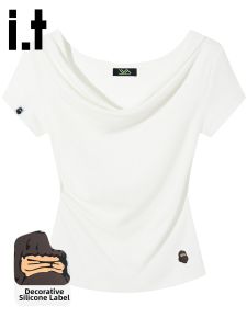 FINGERCROXX | White Short-sleeved T-shirt Drape Collar Straight Shoulders Slim Fit Short Length Wrinkled Waist