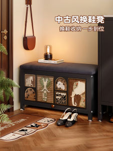 Elegant Vintage Style Shoe Bench Home Entrance Slipper Bench Seating Storage Luxury Feel Cabinet Multifunctional Design Metal Frame