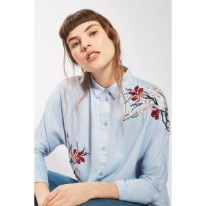 CFBOUTIQUE Inspired Floral Embroidered Collar Dolman Button Long Sleeve Shirt
