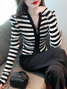 BaKuSen 2023 Autumn New Bubble Sleeve V-neck Striped Short Knitted Jacket Womens Small Fragrance Style Outerwear Top