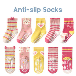 KUCHAR 5 Pairs Kids Cute Cartoon Non-slip Socks with Silicone Dots Breathable Girls Cotton Ankle Sock