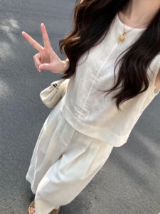 LIRUSHAN | White Sleeveless Vest and Wide Leg Pants Set 2 Piece