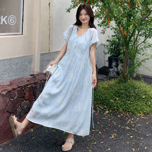 YINLUOYA | Elegant Embroidered Dress Summer 2025 French Gentle Style Age-Defying Bubble Sleeve Long Dress High Waist A-Line Skirt V-Neck