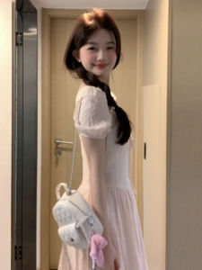 Sweet Sister French Gentle Style Long Slimming Dress Summer 2026 Fashionable Midi Dress Cotton Short Sleeve U-Neckline A-Line Skirt