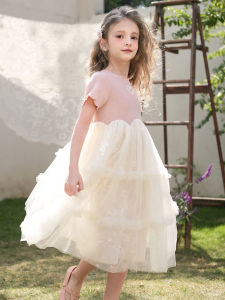 Princess Style Girls Dress Short Sleeve T-Shirt Splice Skirt Children Long Skirt Mesh Skirt Little Girl Summer Dress