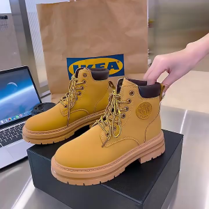 Thick-soled British style boots mens motorcycle boots classic retro big toe ankle boots lace-up high-top yellow boots versatile.