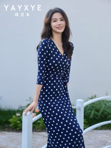 Inspirational Polka Dot Print Wrap Dress French Style One Piece Slimming High Waist Womens Dress Casual V Neck Midi Skirt
