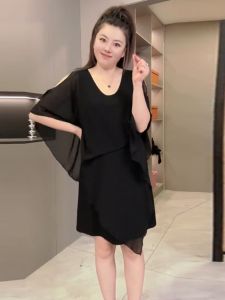 Fashionable plus Size Shoulder Bared Slimming Midi Dress Summer New Style Irregular A-Line Skirt Elegant V-Neck Solid Color