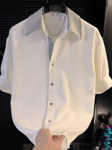 Summer Trendy Ice Silk Loose Fit Short Sleeve Shirt Mens Korean Style Half Sleeve Button up Standard Tailoring Cotton Polyester Blend