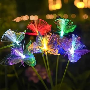 6LED Outdoor Solar-Powered Butterfly Fiber Optic Lights 2 Lighting Modes Waterproof Pathway Lamp for Yard Patio Garden Holiday