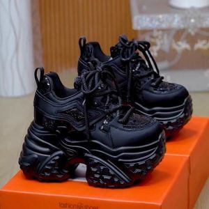 Trendy Mom Shoes Womens Casual High Heel Thick Bottomed Inner Heightening Dad Sneakers round Toe Deep Mouth Pure Color
