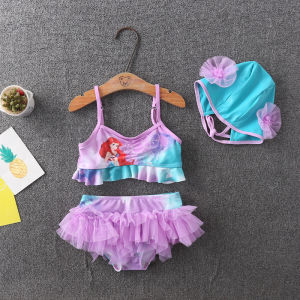Princess Jasmine Long Hair Snow White Childrens Bikini Swimsuit Purple Puffy Skirt Swimwear Girls Two-Piece Swimming Costume