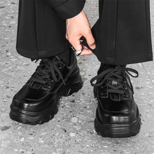 รองเท้าผ้าใบทรงหัวมนแบบสวมสำหรับผู้ชาย ทรงหัวมน ส้นสูงปานกลาง พื้นยาง รองเท้าลำลอง สไตล์สตรีท ทรงหัวมน ทรงหัวมน