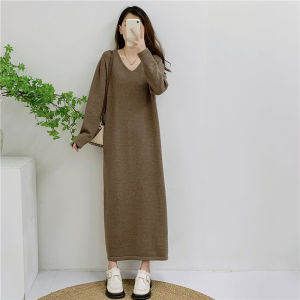 Thickened Large Size Extra Long Knitted Sweater Dress Womens Autumn Winter New V-neck Straight Lazy Knit Dress Long Sleeve