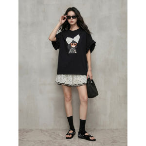 GULILI | Korean Style Cartoon Girl Ruffled Short Sleeve T-Shirt and Polka Dot Skirt Set