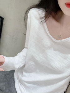 White Bamboo Cotton Long Sleeve T-Shirt Womens Spring Style Korean Version V-Neck Slimming Casual Inner Wear Base Shirt Top