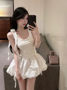 GUZILIAN | Elegant Pure Desire Floral Sash U-neck Waist-cinched Bloom Short Skirt Womens Strapless Vest Dress Korean Style Commute