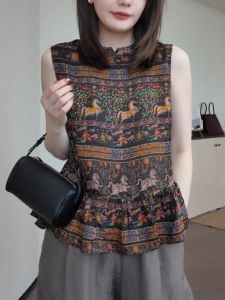 QINGNAER | Large Size Traditional Style Brocade Waist-Cinching Hem Flared Sleeveless Vest