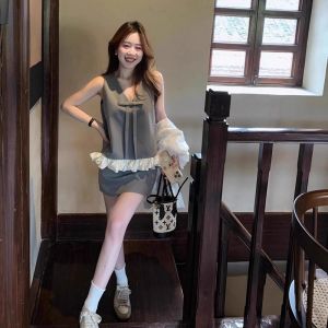 VKSOD | Sweet Bow V-Neck Blouse and High-Waist Mini Skirt Set