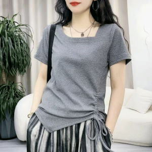 Asymmetrical Drawstring Short Sleeve T-Shirt Womens 2024 Summer New Arrival Niche Design Thin Western Style Top T-shirt