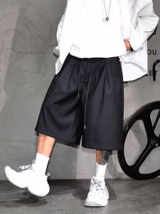 กางเกงขาสั้นผ้ายืดลำลองทรงหลวมสำหรับผู้ชาย สีดำ กางเกงขายาวทรงหลวมสบาย ๆ สไตล์ญี่ปุ่น กางเกงขายาวทรงหลวมสี่เหลี่ยมผืนผ้า ทรงเข้ารูป ทรงเข้ารูป
