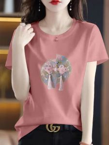 Chinese Fad New Arrival Export Export 100% Pure Cotton Print T-shirt Female Casual Width Loose Summer Short Sleeve Easiest for Match T-shirt Top