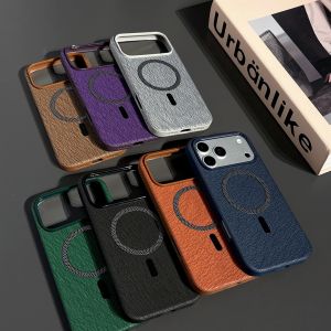 Premium Leather Texture MagSafe Phone Case iPhone 11 12 13 14 15 16 17 Pro Max Shockproof Camera Lens Window Full Protection Wireless Magnetic Back Cover Casing For iPhone