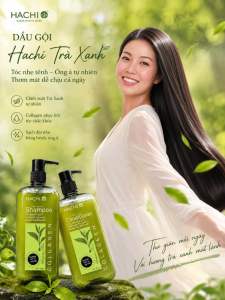 Dầu gội Hachi trà xanh Collagen chăm sóc tóc mượt và chống rụng tóc.