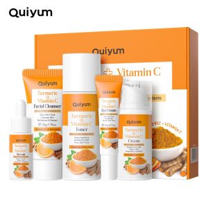 QUIYUM Turmeric & Vitamin C 5-Piece Skincare Set - Brightening Kit with Niacinamide & Hyaluronic Acid | Cleanser Serum Eye Cream Cream | For All Skin Types