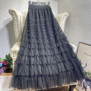 Khaki Tiered-Ruffle Long Dress Ruffles Gauze Skirt Fairy Temperamental Skirt 2024 Slim Looking High Waist Type a Tulle Skirt