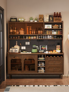 Retro Chinese Style Solid Wood Buffet Cabinet Wall-Mounted High Storage Cabinet Coffee Bar Kitchen Storage Furniture