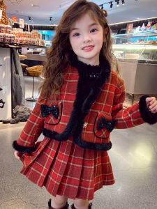ชุดเด็กผู้หญิงฤดูหนาว ชุดนักเรียนสีแดงลายสก็อต กระโปรงจีบ ชุดนักเรียนขนสัตว์ ชุดเด็กผู้หญิง ชุดเด็ก ชุดเด็ก ชุดเด็ก