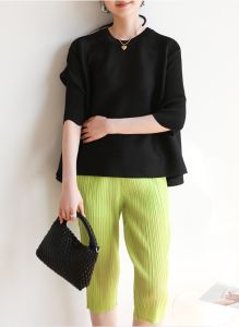 Miyake เสื้อยืดแขนยาวสามส่วนสบายๆทรงหลวมเสื้อยืดจับจีบไฮเอนด์ #1273