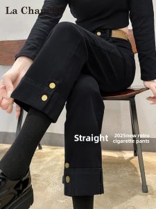 La Chapelle | Black Slim Small Height Velvet Insulation Straight Denim Jeans