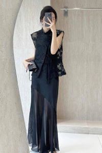 QFN | Summer Elegant Chinese Style Luxury Black Lace Mesh Dress Set