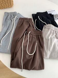 กางเกงวอร์มเอวยางยืดสีพื้นทรงหลวมสำหรับผู้หญิง กางเกงขายาวทรงตรงเอวสูง ทรงสลิมฟิต กางเกงขายาวทรงฮาราจูกุ ฤดูใบไม้ผลิและฤดูใบไม้ร่วง