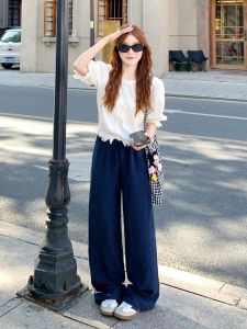 Quần Ống Rộng Màu Xanh Lam Vải Lanh Cạp Cao Mùa Hè Cho Nữ Quần Dài Thường Ngày Rộng Rãi Dài Đến Sàn Có Túi