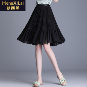 Black Chiffon A-Line Midi Skirt Elegant Pleated Mini Dress Summer 2025 New High Waist Half-length Skirts for Women