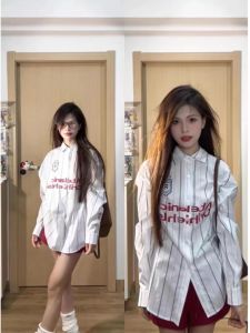 Xiqian American Main Street Letter Print Striped Long Sleeve Shirt Women New Design Feeling Unique Thin Outerwear K-style Loose Type