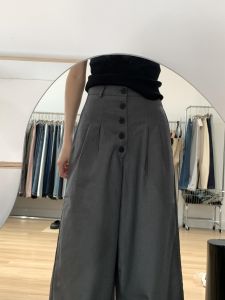 Quần Ống Rộng Cạp Cao Màu Xám Dài Đến Sàn Cho Nữ Mùa Hè Phong Cách Mới Quần Dài Rộng Rãi Có Nút