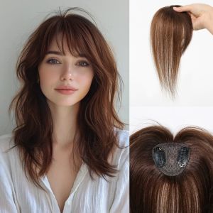 Dark Brown Remy Human Hair Topper with Air Bangs Fashion Straight Hair Toppers for Women Daily Use Clip in Hair Extensions